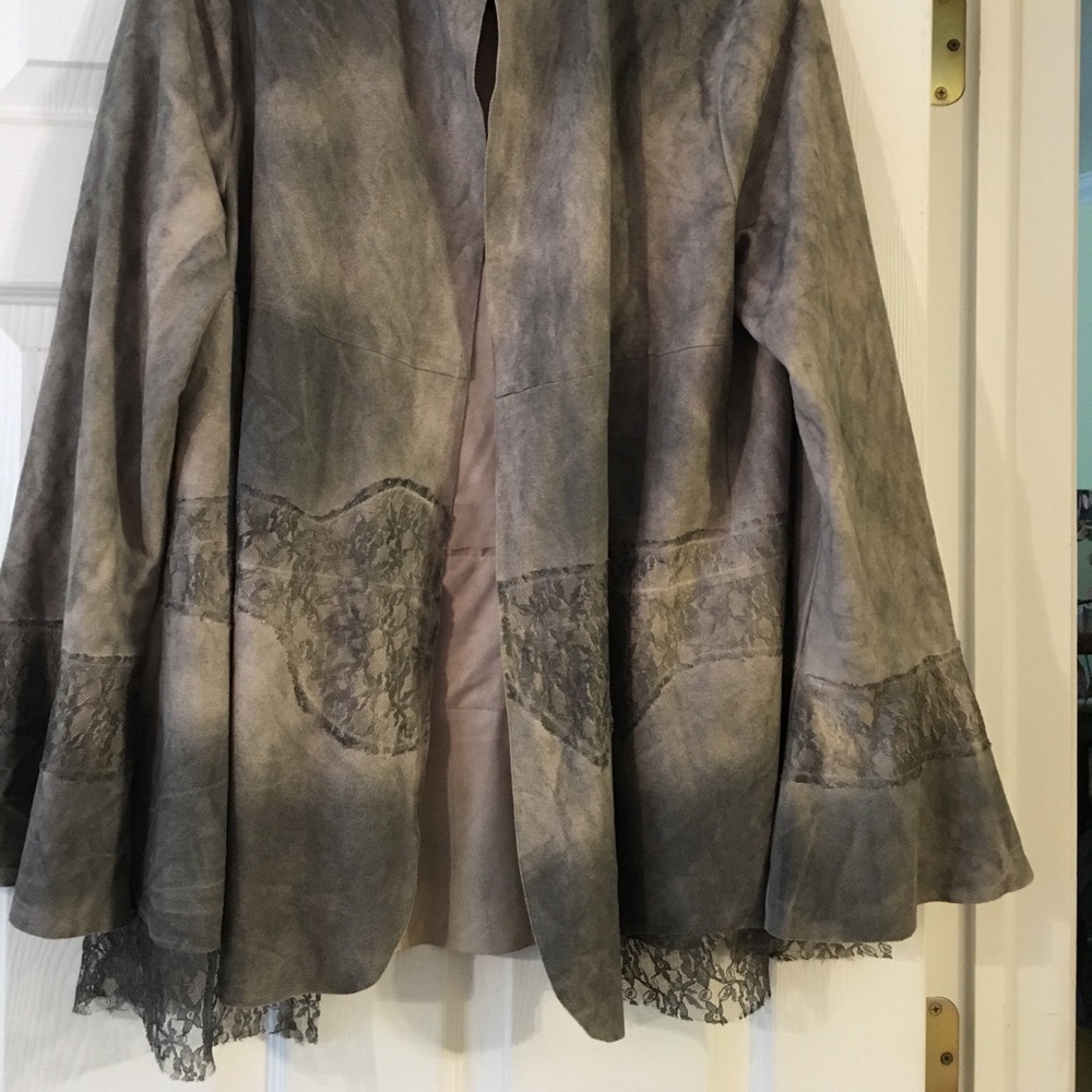 Vocal USA. Grey distressed faux suede/lace jacket